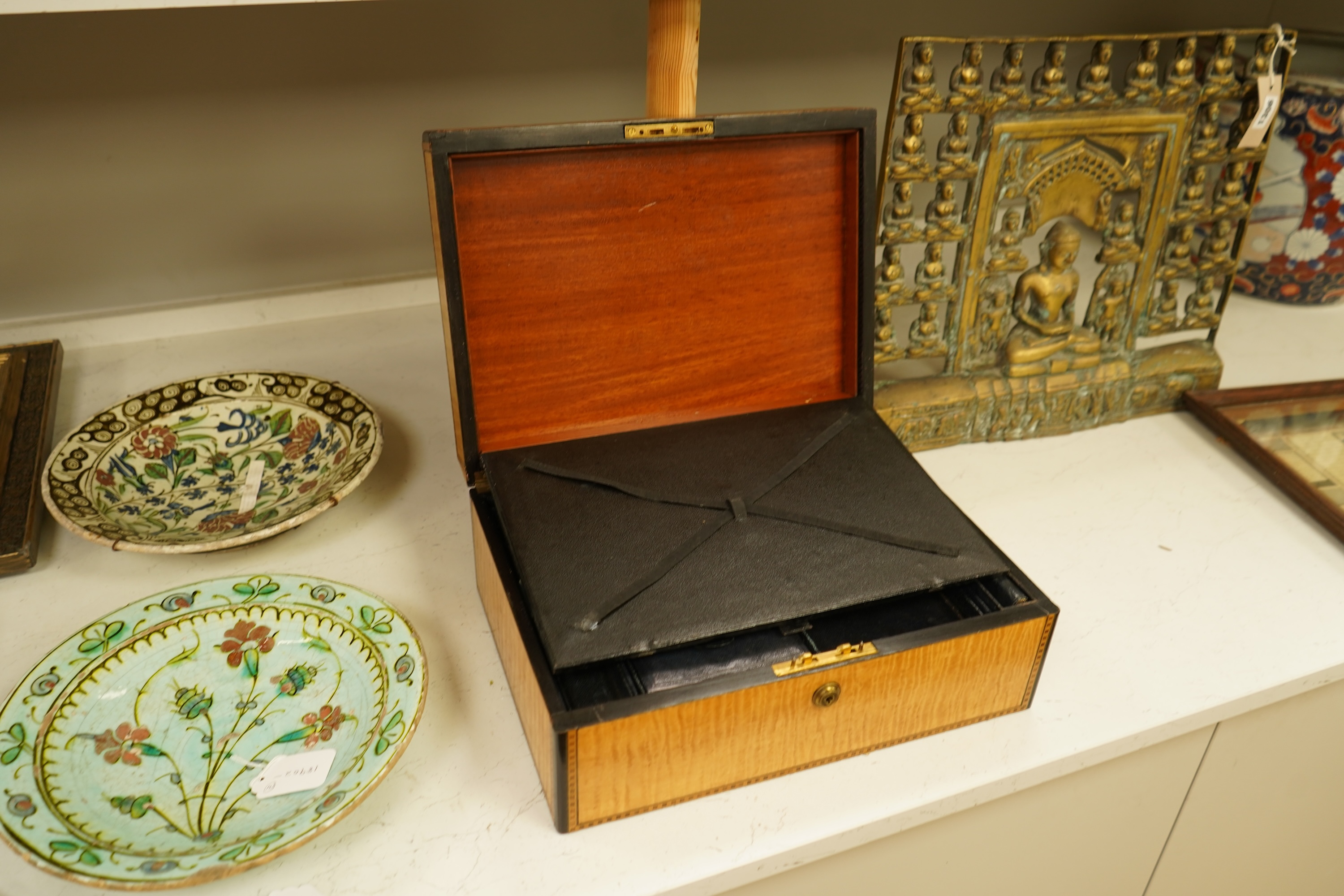 A Victorian sycamore stationery box with fitted interior and inlaid banding, with key, 37cm wide
